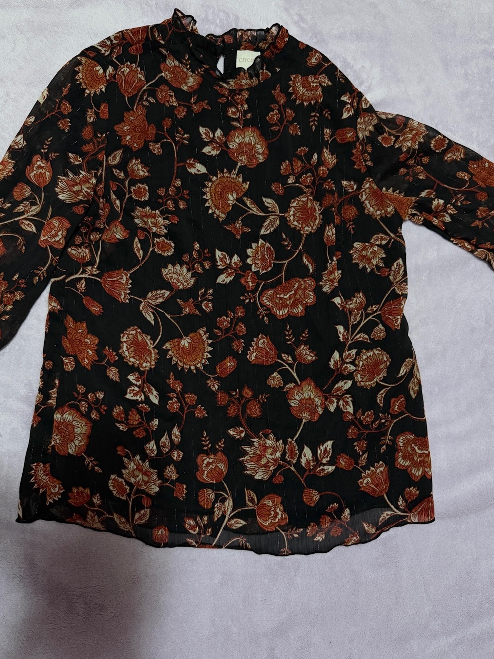 Chico's Black Blouse with Rust and Cream Floral Print size 0